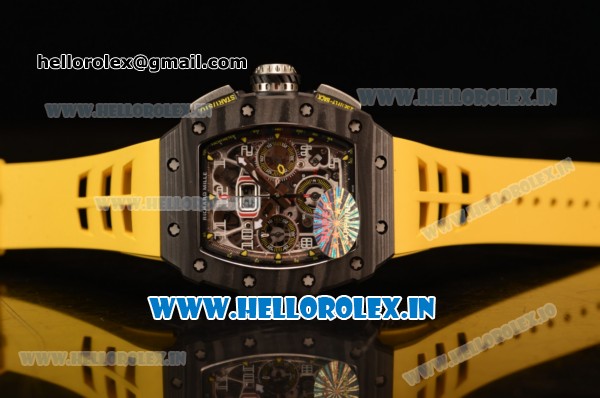 Richard Mille RM11-03 Swiss Valjoux 7750 Automatic Carbon Fiber Case Skeleton Dial With Arabic Numeral Markers Yellow Rubber Strap 1:1 Original(KV) - Click Image to Close